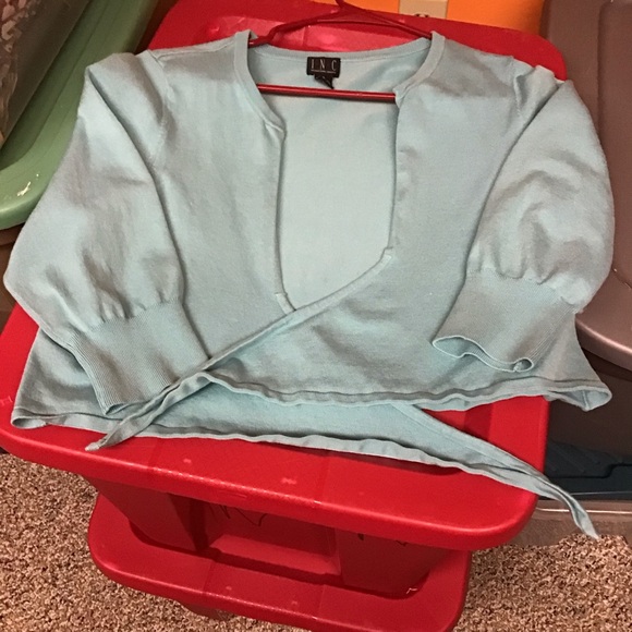 INC INTERNATIONAL CONCEPT women’s sweater half wrap w/ties in front blue/green - Picture 2 of 4